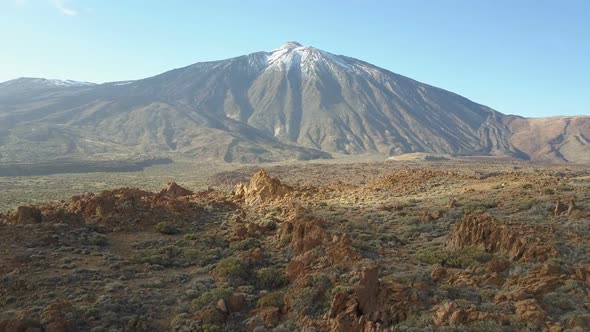 Aerial View of Teide Volcano, Tenerife, Canary Islands, Spain. Flight Over Volcanic Desert Facing