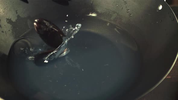 Super Slow Motion in a Pan with Water Falling Mussels