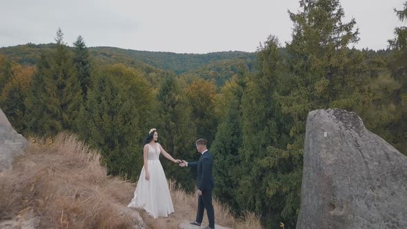 Newlyweds Stand on a High Slope of the Mountain. Groom and Bride. Aerial View