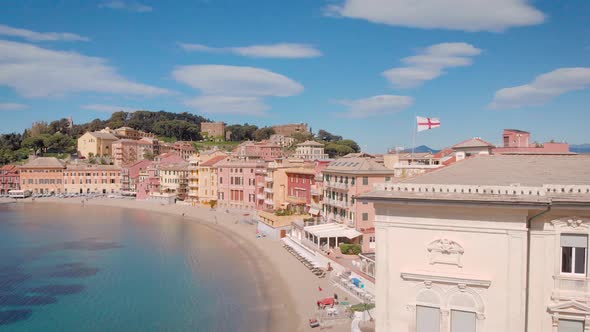 Aerial Shot. Town in Italian Liguria. Sestri Levante, Resort Town with a Beautiful Bay, and Cozy