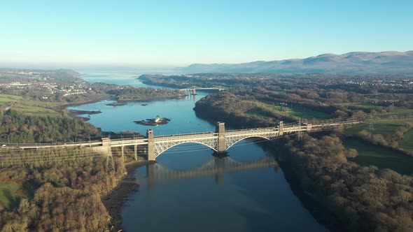 Aerial view of Britannia and Menai bridges in Wales over the Menai strait on