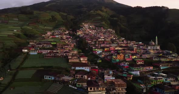 Colorful settlements on the mountains. aerial drone view of Butuh Village, Kaliangkrik, Magelang Reg