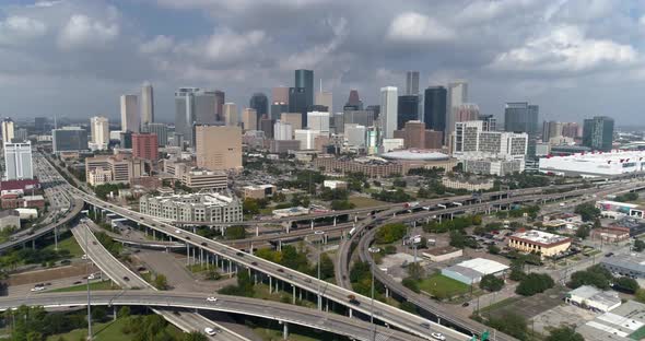 Aerial view of downtown Houston skyline on a sunny day