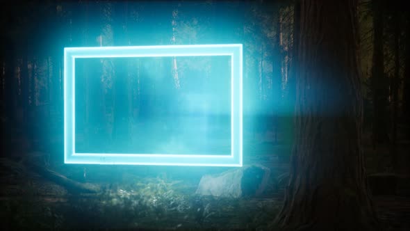 Neon Glowing Rectangle Frame in the Night Forest