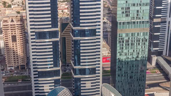 Skyline View of the Buildings of Sheikh Zayed Road and DIFC Aerial Timelapse in Dubai UAE