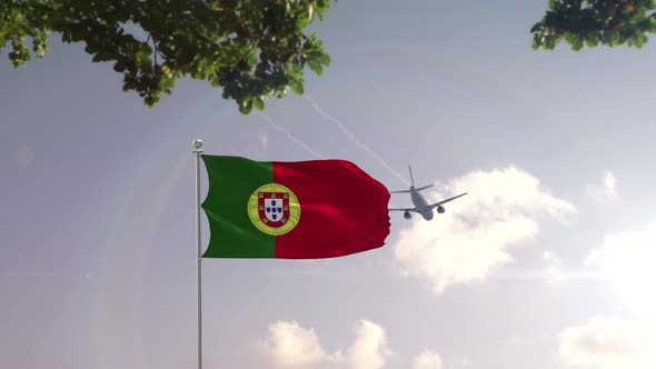 Portugal Flag With Airplane And City 