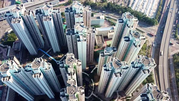 Flying over Hong Kong residential district 
