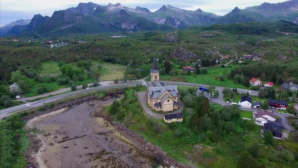 Vagan church on Lofoten islands in Norway, aerial view