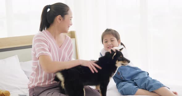 Mother and daughter playing with black dog on bed (2)
