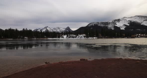 Molas Lake in Colorado with mountains in the background. Walking gimbal video.