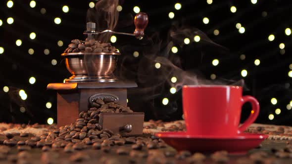 Coffee Grinder Filled with Roasted Coffee Beans. Background with Lights