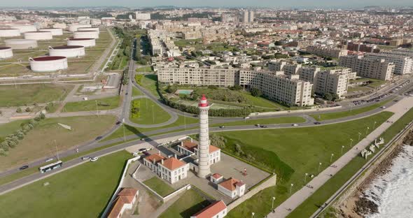 Flight view over Lighthouse of Leça da Palmeira, Matosinhos.