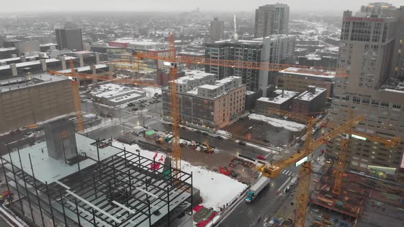aerial footage Construction zone over Downtown Minneapolis during a rainy day