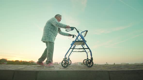 Old Lady Walks Past Lagoon Using Wheelchair Against Town