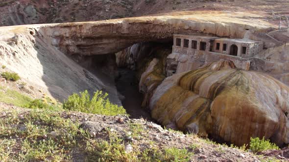 Puente del Inca or Inca Bridge Tourist Attraction in Cordillera de los Andes, Argentina. Camera goin