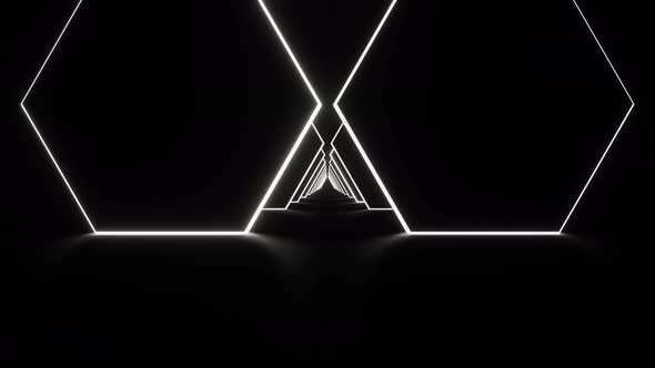 Reverse Tunnel of White Led Neon Rhombus on Dark Background Seamless Animation