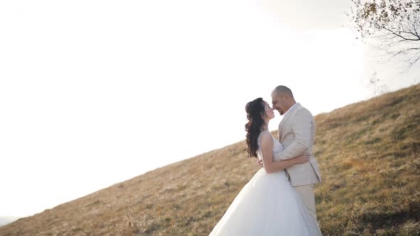 Bride and Groom Stand in Front Each Other in the Autumn Mountains, Wide View, a Lonely Tree Behind