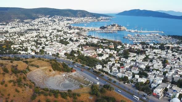 Halicarnassus Ancient City and Marina Harbor in Bodrum, Turkey. Aerial Footage