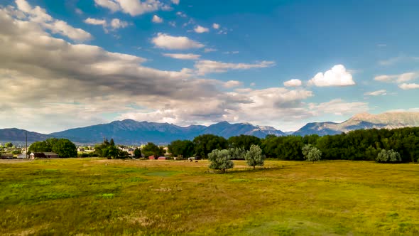 Green pastures and trees in a rural area with cloudscape above and mountains in the background - aer