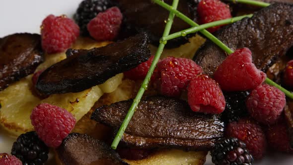 Rotating - smoked duck bacon with grilled pineapple, raspberries, blackberries and honey 