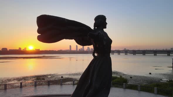 Symbol of Kyiv - a Monument To the Founders of the City in the Morning at Dawn. Ukraine. Aerial