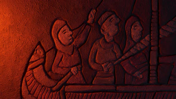 Men Steering Boat Stone Carving In Firelight