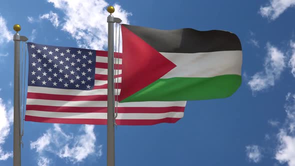 Usa Flag Vs Palestine Flag On Flagpole