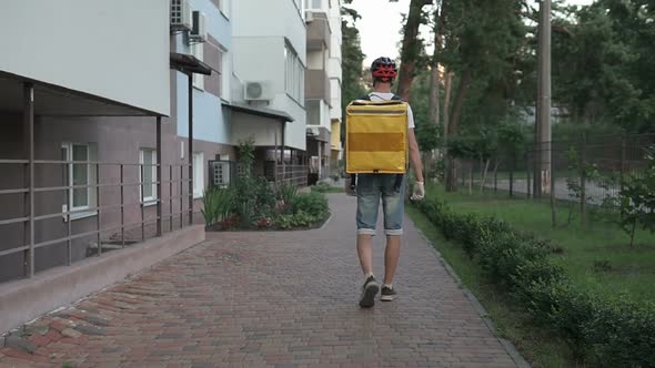 Home delivery service on a bicycle in a yellow thermo backpack