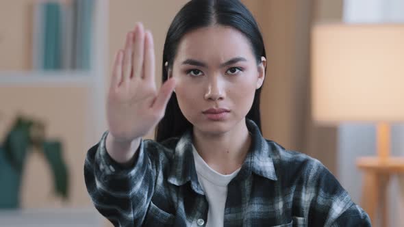 Portrait Serious Frustrated Angry Girl Korean Japanese Chinese Woman Looking at Camera Holding Hand