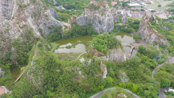 Aerial view of Khao Ngu Stone. National park with river lake, mountain valley hills