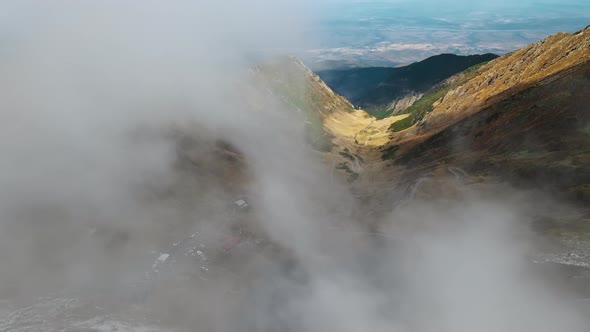 Aerial drone view of nature in Romania. Transfagarasan route in Carpathian mountains