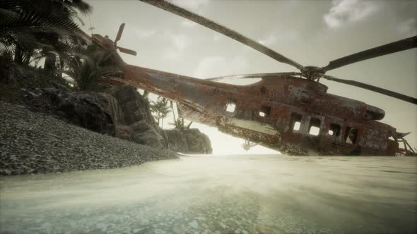 Old Rusted Military Helicopter Near the Island