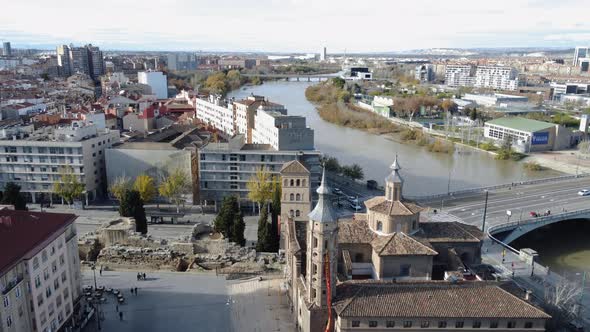 Zaragoza Aerial Scene with Ancient Church and Ebro River Spain