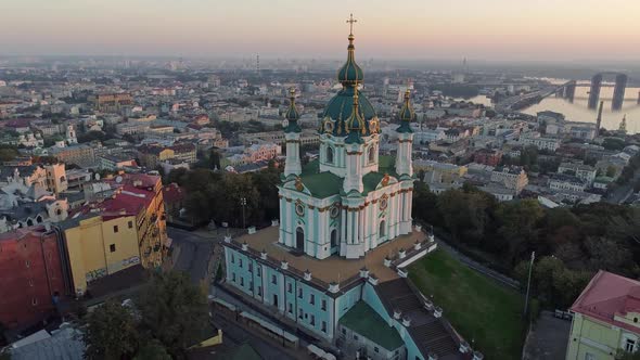 Flying Around St. Andrew's Church in Podil District Near the Bank of Dnieper in Kyiv (Kiev), Ukraine