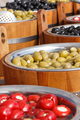 Fresh peppers and olives in barrels. Healthy food containing vitamins. Mediterranean snack - PhotoDune Item for Sale