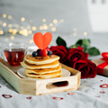 Valentine's day composition with breakfast, gift box and roses. Stack of delicious pancakes - PhotoDune Item for Sale