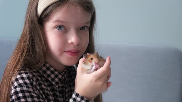 a Little Girl Holds a Hamster in Her Arms the Hamster is Washed