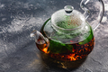 Glass Teapot with basil tea over dark backround - PhotoDune Item for Sale