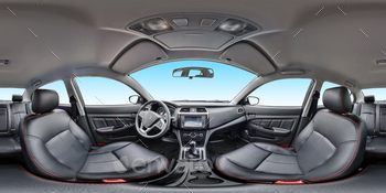 360 angle panorama view in interior salon of prestige modern car equirectangular spherical panorama.