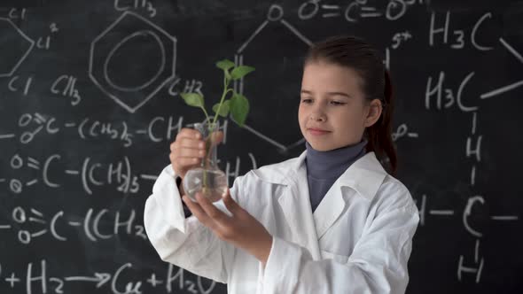 Caucasian Girl Student in a White Coat Holds a Test Tube and a Pepper Plant Studies Plant Biology in alt