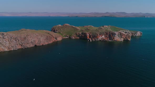 Aerial View of Oltrek Island at Dawn. Lake Baikal in July