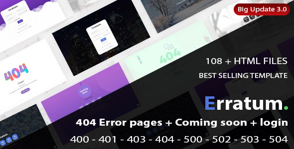 Erratum - 404 Error pages + Coming soon + Login + Signup