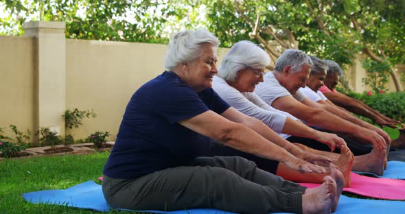 Senior friends doing stretching exercise in garden 4k