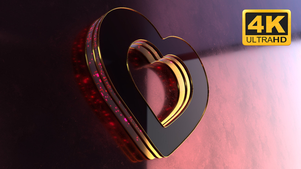 3D Realistic Shiny Golden Glowing Heart Animation. Romantic Background 4K