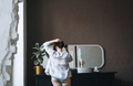 Plus size middle aged woman in underwear in bathroom at home - PhotoDune Item for Sale