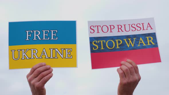Banner with the Words Free Ukraine and Stop Russia Stop War