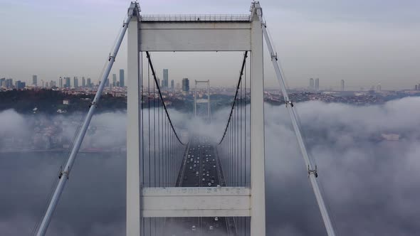 aerial video of Fatih Sultan Mehmet Bridge on a foggy day in Istanbul, Turkey. 2rd Bosphorus 06