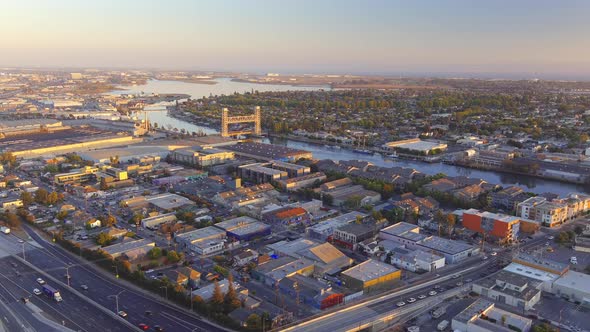 Aerial capture with approach from Fruitvale Railroad Bridge in Oakland, California.