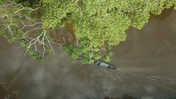 4k aerial shot of passenger boat sailing in the Amazon river. Shot on Mavic 3 pro. Beautiful sunny d