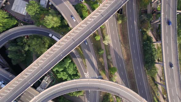 Vehicles Driving on a Mixing Interchange Bird's Eye Aerial View